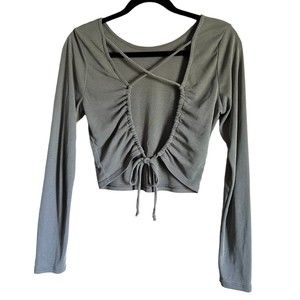 Women's Cropped Long Sleeve Open Back Rib Knit Size M Medium Gray Beige Crop Top